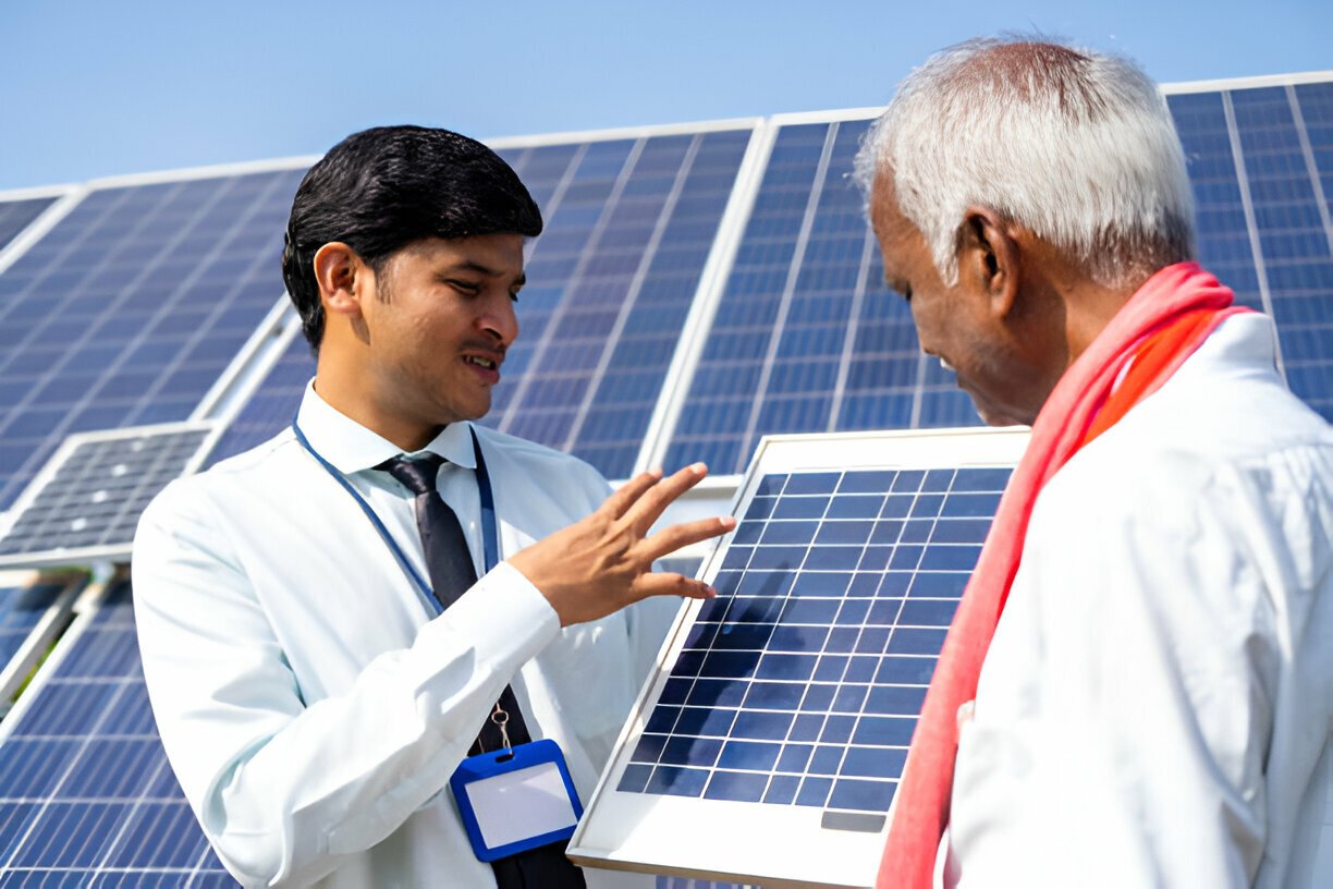 Solar professional explaining panels to a customer